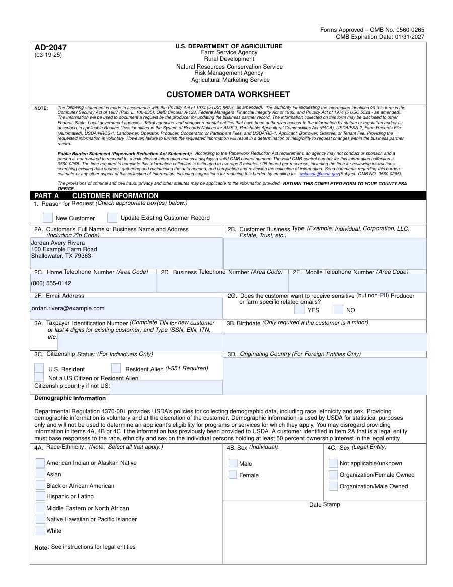 AD-2047 rebuilt from its XFA template and filled for the fictional applicant