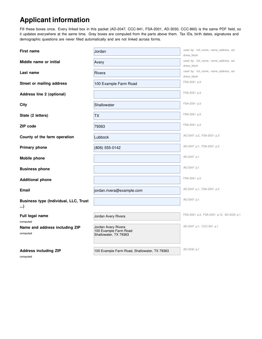 Packet cover sheet with one box per shared key, each listing the forms and pages it fills