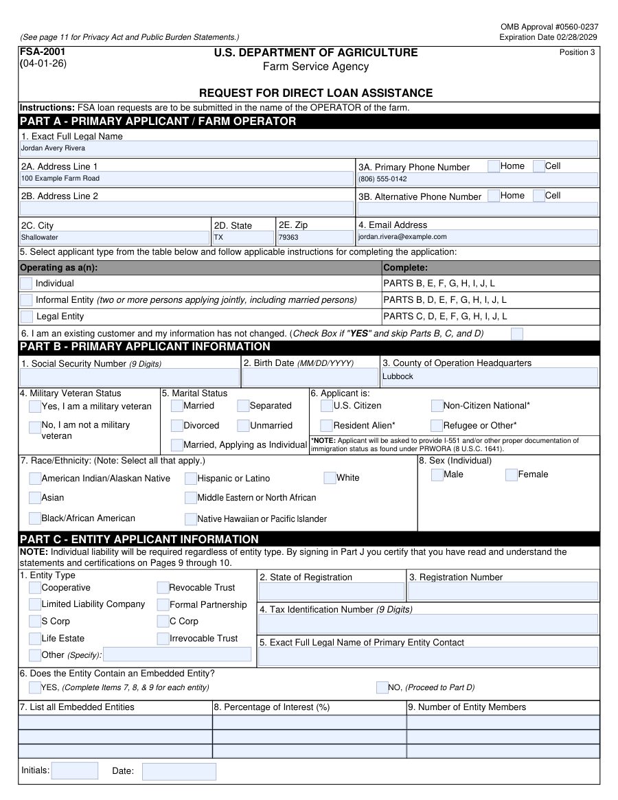 FSA-2001 page 3 rebuilt and filled for a fictional applicant: name, address, phone, email and county filled; Social Security number, birth date, race and sex left blank