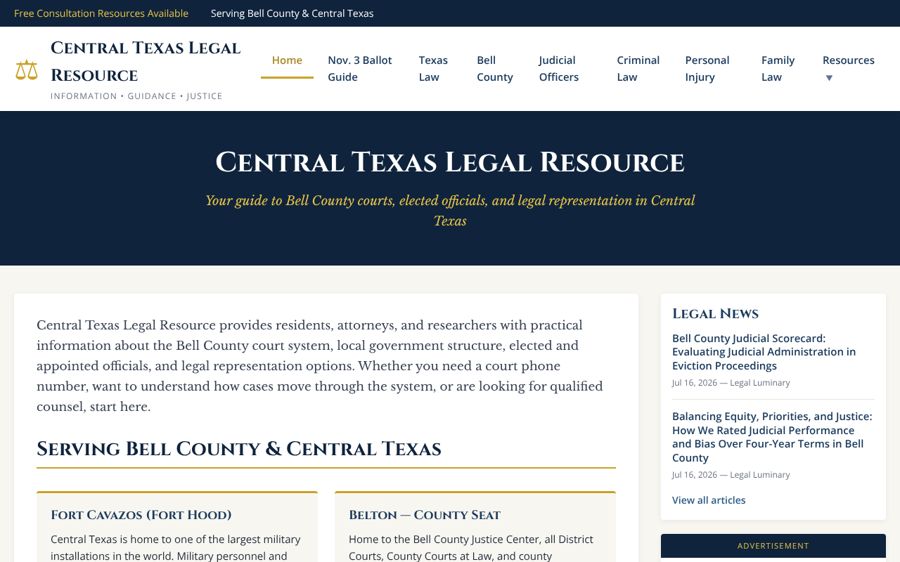 Legal Luminary home page: Central Texas Legal Resource, a guide to Bell County courts, elected officials and legal representation